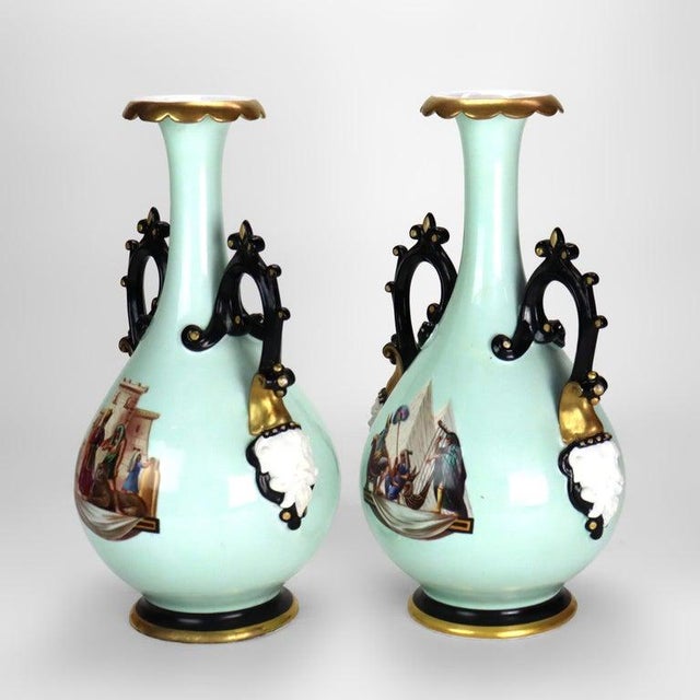 Blue Pair Large Hand Painted & Gilt Old Paris Porcelain Egyptian Revival Vases C1880 For Sale - Image 8 of 10