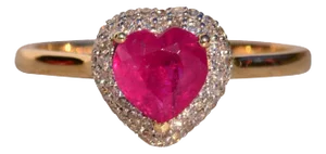 The 18th Avenue: Heart Shaped Ruby and Diamond Waterfall Halo Ring in Yellow Gold