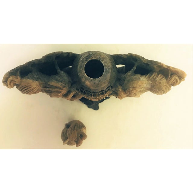Vintage Carved Chinese Soapstone Incense Burner With Three Foo Dogs For Sale In West Palm - Image 6 of 13