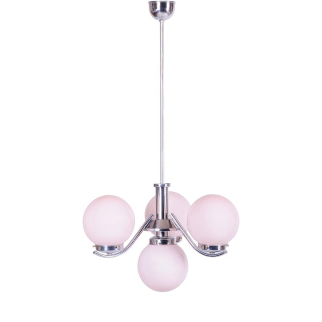 Art Deco Chandelier in Chrome-Plated Steel and Opal Glass, Czech, 1920s For Sale