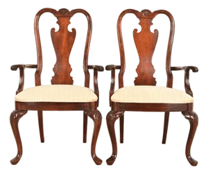 Thomasville Queen Anne Carved Solid Mahogany Armchairs, Pair