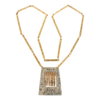 Modernist Brass and Silvered Metal Hieroglyph Ethnic Graffiti Necklace For Sale