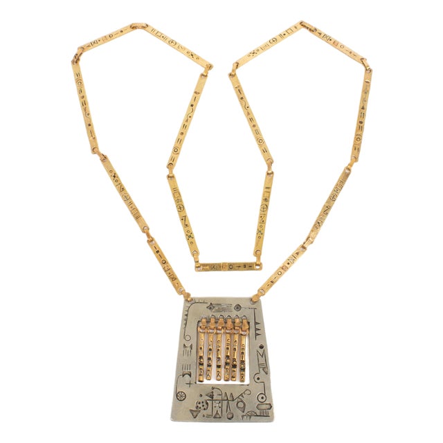 Modernist Brass and Silvered Metal Hieroglyph Ethnic Graffiti Necklace For Sale