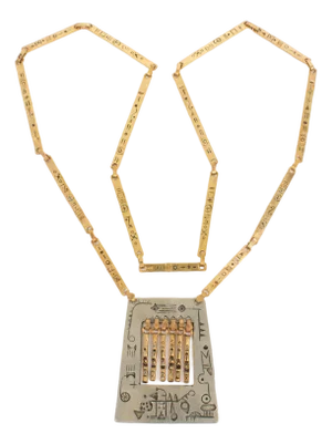 Modernist Brass and Silvered Metal Hieroglyph Ethnic Graffiti Necklace