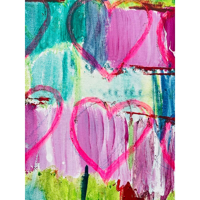 Abstract painting on canvas board Invincible Hearts II mixed media with colored markers.