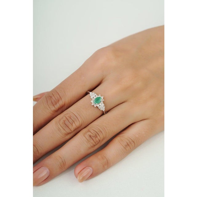 Art Deco Oval Emerald & Diamond Halo Cluster Ring in Silver, Size 7.5 For Sale - Image 9 of 12