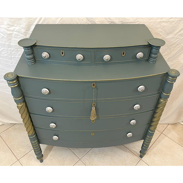 Antique Sheraton Style Bowfront Chest of Six Drawers With Locks and Key, New Paint and Knobs For Sale In West Palm - Image 6 of 18