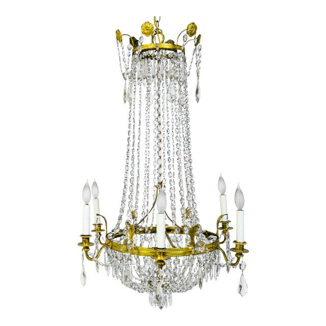 1920s Regency Tent and Bag Crystal Brass Chandelier For Sale
