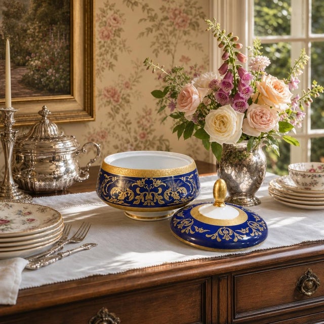 Chelsea Porcelain Rudolf Wächter Bavarian Cobalt Covered Dish With Hand Decorated Gold Gilt – German Porcelain - Grandmillennial, Palm Beach & Traditional - See Pics! For Sale - Image 4 of 11