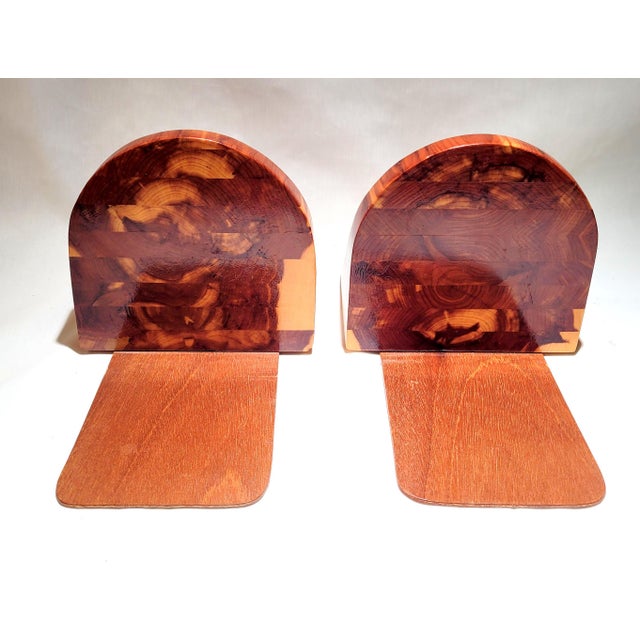 Vintage mid century art deco style bookends made from stacked layers of natural California redwood. Styled after Don...