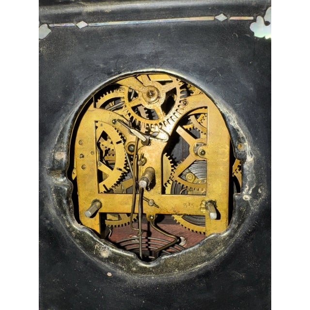 Black 19th Century American Cast Iron Mantel Clock With Pearl Inlay For Sale - Image 8 of 12