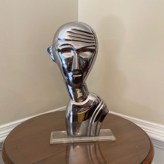 Franz Hagenauer Vintage 1970s Chrome Bust on Lucite Base For Sale - Image 4 of 4