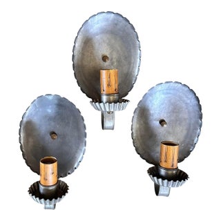 Tin With Pewter Wash Sconces With Great Scalloped Edges, Circa 1930, Set 3 For Sale