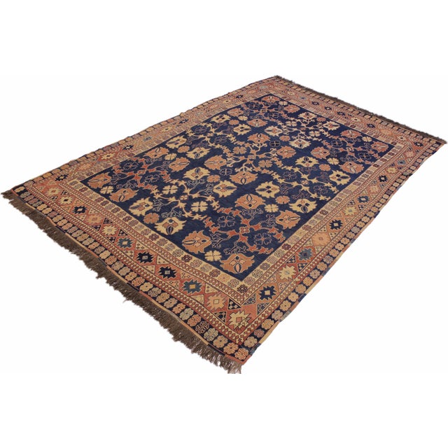 Rustic Rustic Soumak Blue/Rust Wool Rug - 6'4'' X 9'3'' For Sale - Image 3 of 10