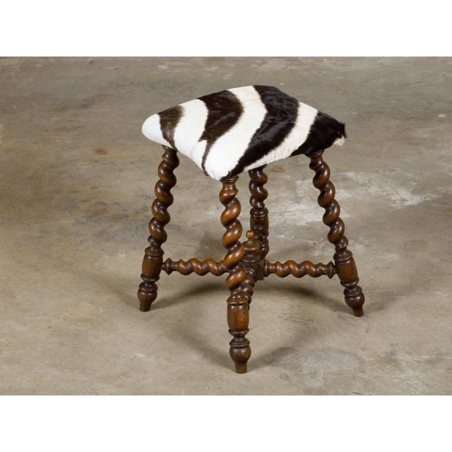Turn of the Century Barley Twist English Stool with Zebra Hide Upholstery For Sale - Image 11 of 12