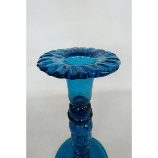 Spindle Pillar Blue Glass Tall Single Candle Stick Holder with Wavy Rim For Sale - Image 10 of 11