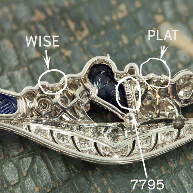 1930s Art Deco Wise Platinum 14k Carved Sapphire Diamond Floral Brooch For Sale - Image 4 of 12
