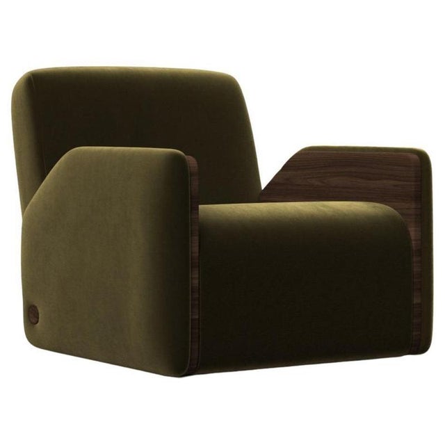 Wood Oscar Green Upholstery and Walnut Chair by Haymann Editions For Sale - Image 7 of 7