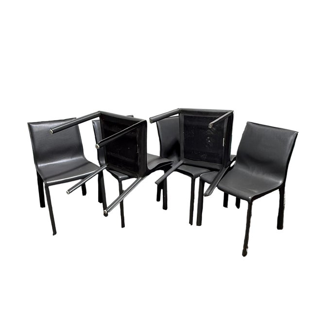 Gray Set of 6 Chic Modern Gray Leather Stitched Dining Chairs For Sale - Image 8 of 9