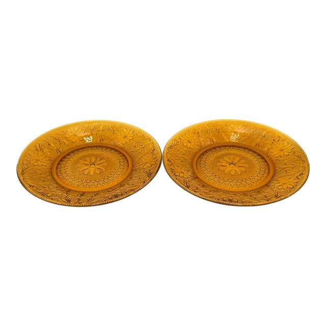 1960s Indiana Sandwich Glass Tiara Amber 2pc Set Dinner Plates For Sale