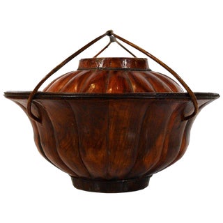 Antique Painted Reed and Varnished Bamboo Hat Basket From 19th Century China For Sale