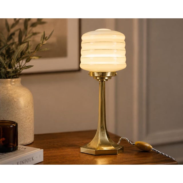 Josef Hoffmann Style Brass Table Lamp, Opaline Glass Shade, Wiener Werkstätte Inspired, Austria / Europe, 1990s For Sale - Image 4 of 13