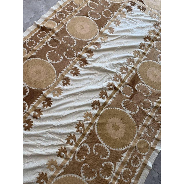 Tan Hand-Embroidered Large Neutral Tan Suzani Coverlet For Sale - Image 8 of 11