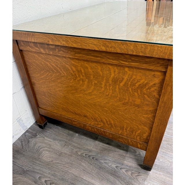 Arts & Crafts Antique American Arts & Crafts Mission Tiger Oak Executive Desk Partner Desk For Sale - Image 3 of 17