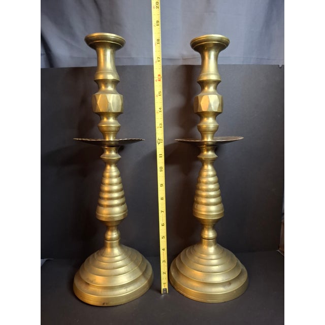 Victorian Monumental 19" Antique Brass Synagogue Shabbat Candlesticks - 19th Century For Sale - Image 3 of 13