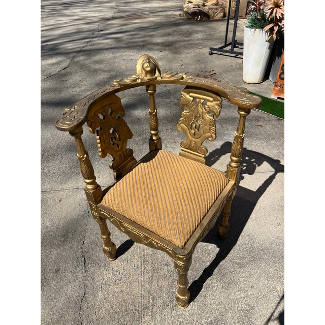 1970s Vintage Gold Wooden Corner Chair With Cushion For Sale - Image 5 of 12