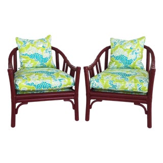 1970s McGuire San Francisco Rattan Club Chairs, Brunschwing & Fils Fabric- A Pair. For Sale