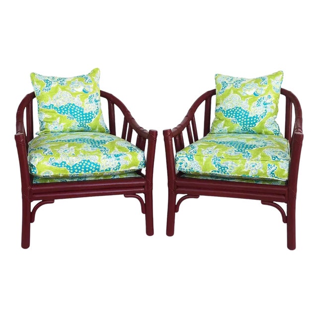 1970s McGuire San Francisco Rattan Club Chairs, Brunschwing & Fils Fabric- A Pair. For Sale
