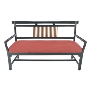 Vintage Black Lacquer Red Upholstery Bench w/ Arms Slotted Back MINT For Sale