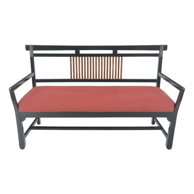 Vintage Black Lacquer Red Upholstery Bench w/ Arms Slotted Back MINT For Sale