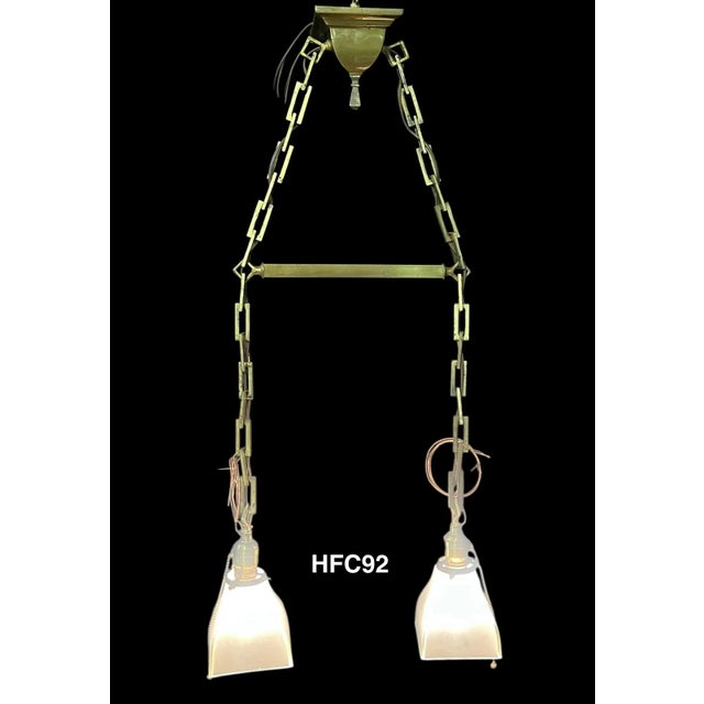 This solid brass fixture is very simple and unique! With original Mission period chain, square frosted glass shades, and...