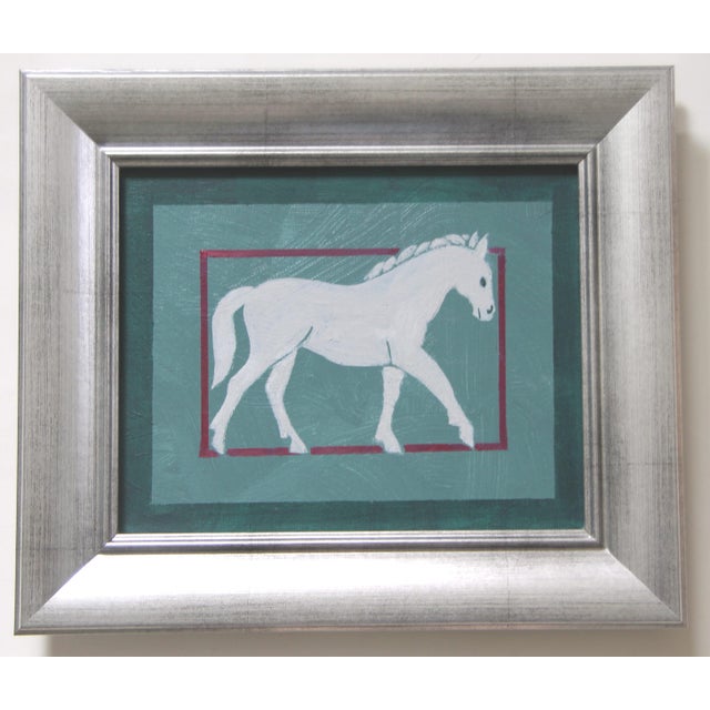 Contemporary Horse Minimalism English Traditional Folk Art Gray Raspberry Pink Burgundy Original Oil Painting by Cleo Plowden For Sale - Image 3 of 3