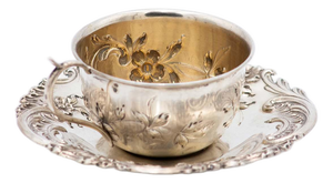 Silver Cup and Saucer with Floral Motifs, Set of 2