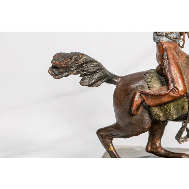 Metal Amazing Antique Cold Painted Bronze Sculpture Statue Native American Indian on Horse Western Art For Sale - Image 7 of 14