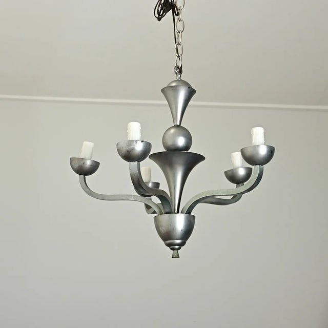 French Vintage Modern Pewter-Tone Chandelier For Sale In Baton Rouge - Image 6 of 12