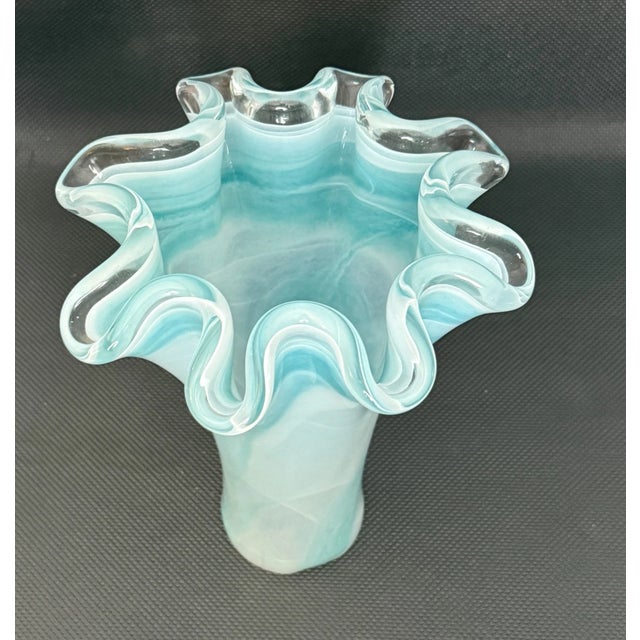 1990s Vintage Murano Style Ruffle Rim Light Aqua & White Swirl Glass Handkerchief Vase For Sale - Image 5 of 7