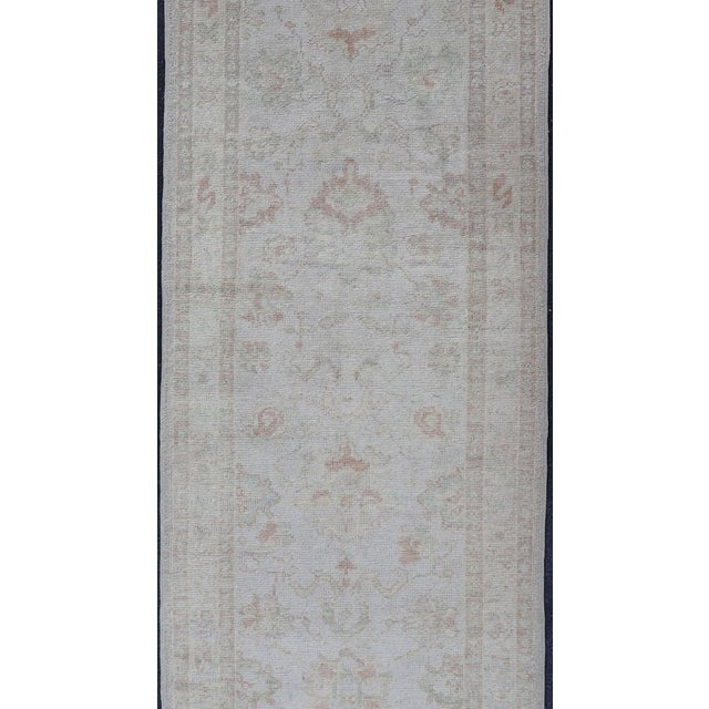 Tribal Turkish Oushak Runner in Pale Ivory With Faded Green 3'2 X 13'2 For Sale - Image 3 of 12
