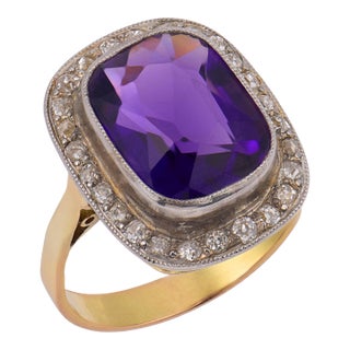 1940s Retro Amethyst Diamond 18k Two Tone Halo Ring, Size 8 For Sale