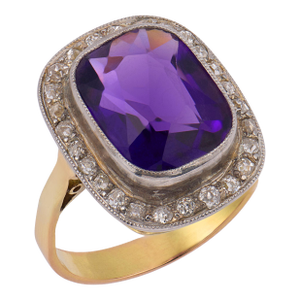 1940s Retro Amethyst Diamond 18k Two Tone Halo Ring, Size 8