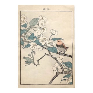 Imao Keinen, "Pear Blossoms and Rufous-Tailed Robin," 1891 First-Edition Antique Japanese Woodblock Print For Sale