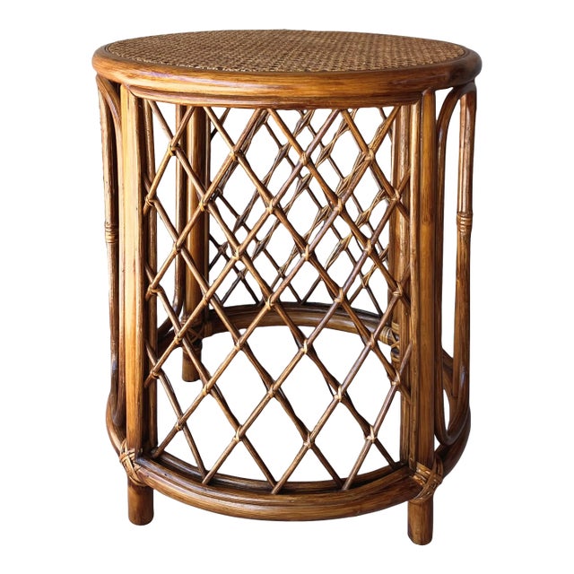 Mid 20th-Century Rattan & Bamboo Wood Drum-Style Drinks Table For Sale