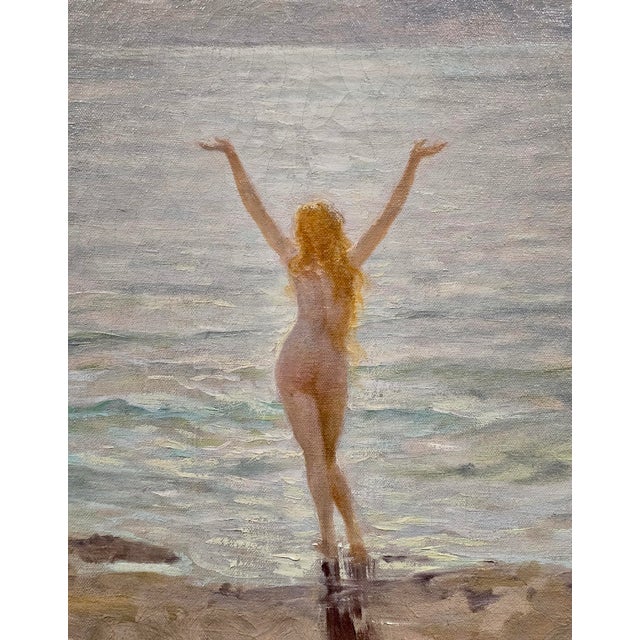 Joseph Tomanek–Nude Nymph Greeting the Sea –1920s American Impressionist Oil Painting For Sale - Image 9 of 11