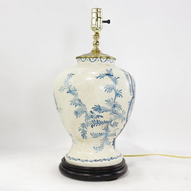 Pair of Vintage Hand Painted Blue and Cream Ceramic Table Lamps With Deer and Floral Folk Art Design For Sale - Image 4 of 13