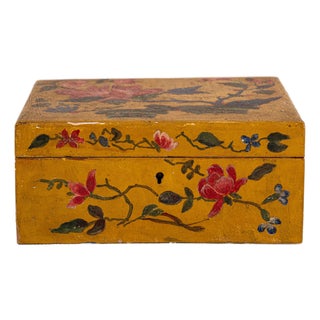 Vintage Hand Painted Mustard + Floral Box For Sale