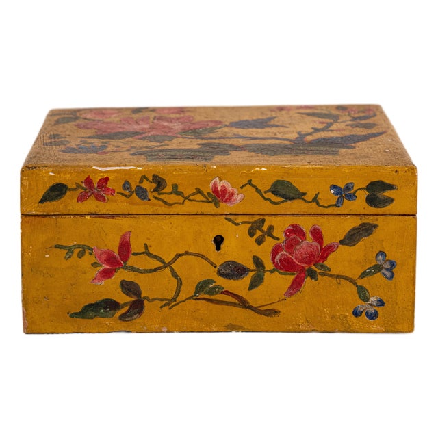 Vintage Hand Painted Mustard + Floral Box For Sale