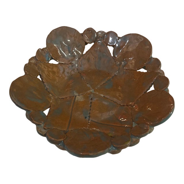 1970s Small Brown Pottery Detailed Catchall For Sale